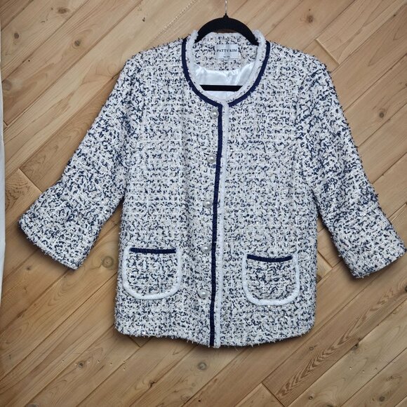 Patty Kim Textured Tweed Style Jacket With Front Pockets 3/4 Flared Sleeves Sati - Picture 1 of 8